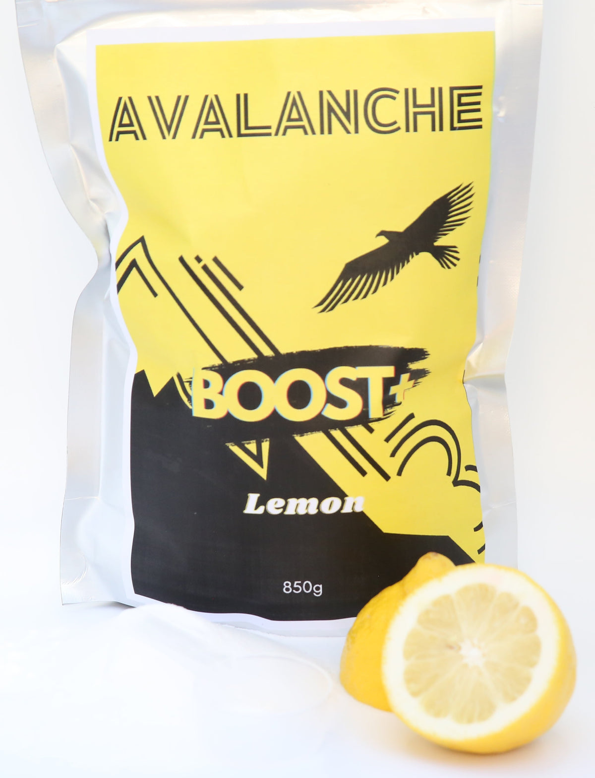 Avalanche Boost Lemon product packaging with a lemon on a white background