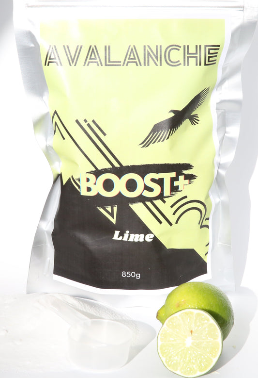 Avalanche Boost Lime supplement package with a lime on a white background